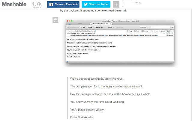 http://mashable.com/2014/12/08/hackers-emailed-sony-execs/ 화면 캡쳐